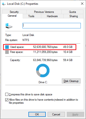 Used disk space after filling
